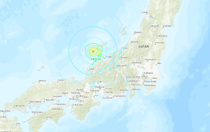 Un mapa muestra la ubicación de un fuerte terremoto que azotó la costa occidental de la península de Noto, Japón, el 26 de noviembre de 2024. (USGS/Captura de pantalla vía The Epoch Times)