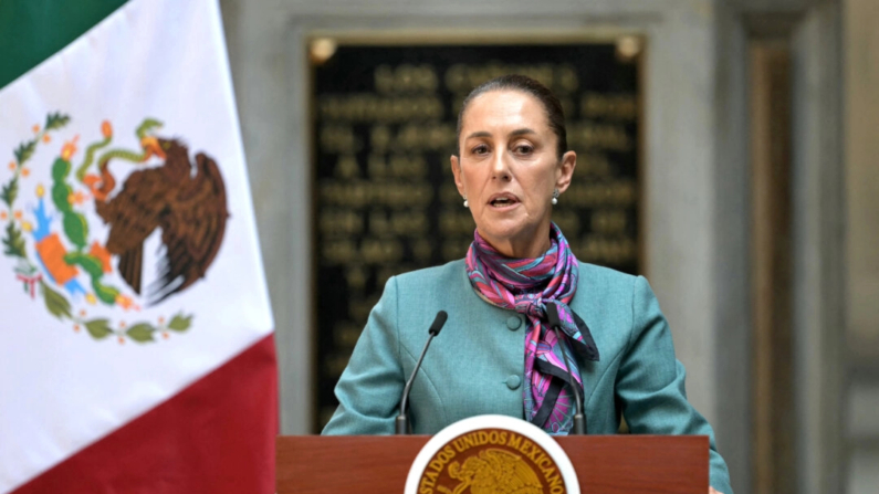 La presidenta de México, Claudia Sheinbaum, habla durante la Cumbre de Alto Nivel entre líderes y empresarios de México y Estados Unidos, en el Palacio Nacional de la Ciudad de México, el 15 de octubre de 2024. (Yuri Cortez/AFP vía Getty Images)