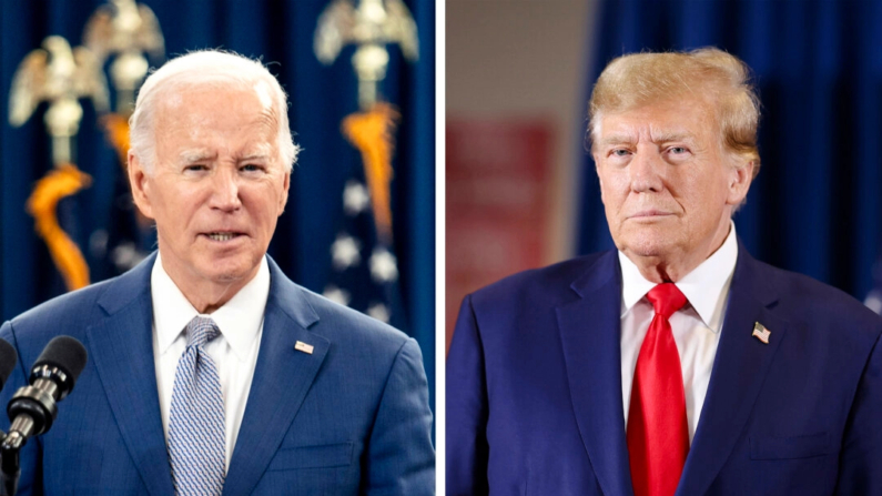 (Izquierda) El presidente Joe Biden habla sobre su plan económico para el país en Raleigh, Carolina del Norte, el 18 de enero de 2024. (Derecha) El expresidente Donald Trump llega a un mitin en Sioux Center, Iowa, el 5 de enero de 2024. (Eros Hoagland, Scott Olson/Getty Images)