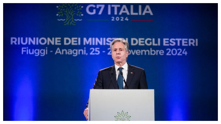 El secretario de Estado Antony Blinken ofrece una rueda de prensa al término de la reunión de ministros de Asuntos Exteriores del G7 en Fiuggi, Italia, el 26 de noviembre de 2024. (Alessandra Tarantino/Pool/AFP vía Getty Images)