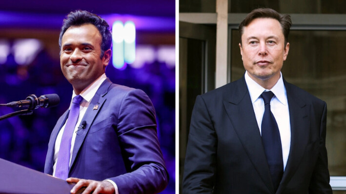 (Izquierda) Vivek Ramaswamy habla en el mitin de campaña de Trump en el Madison Square Garden de Nueva York el 27 de octubre de 2024. (Anna Moneymaker/Getty Images) (Derecha) El consejero delegado de Tesla, Elon Musk, abandona el edificio federal Phillip Burton en San Francisco, California, el 24 de enero de 2023. Justin Sullivan/Getty Images