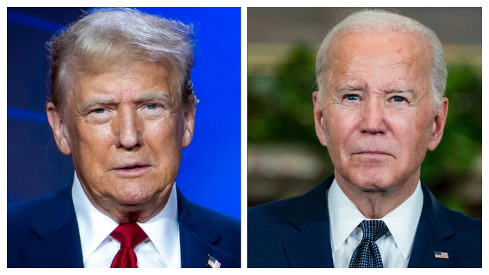 (Iz.) El expresidente Donald Trump el 22 de junio de 2024. (De.) El presidente Joe Biden el 15 de noviembre de 2023. (Madalina Vasiliu/The Epoch Times; Kent Nishimura/Getty Images)