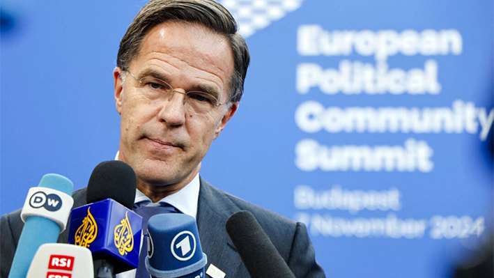 El secretario general de la OTAN, Mark Rutte, responde a las preguntas de los periodistas en Budapest, Hungría, el 7 de noviembre de 2024. (Ludovic Marin/AFP vía Getty Images)