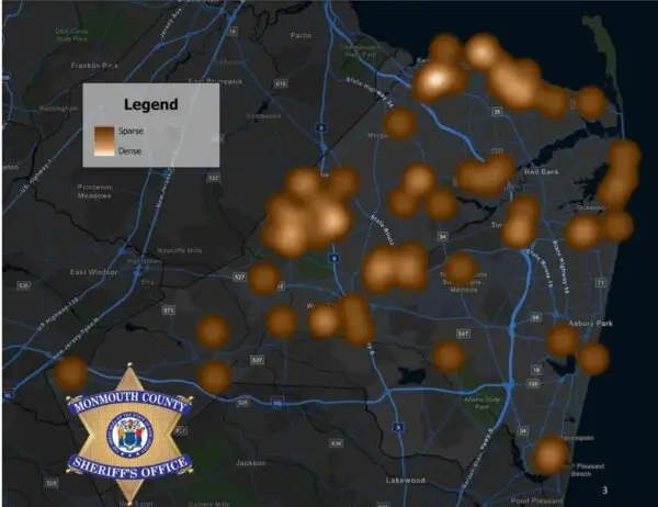 Mapa de avistamientos de drones en el condado de Monmouth, Nueva Jersey. (Oficina del Sheriff del condado de Monmouth)