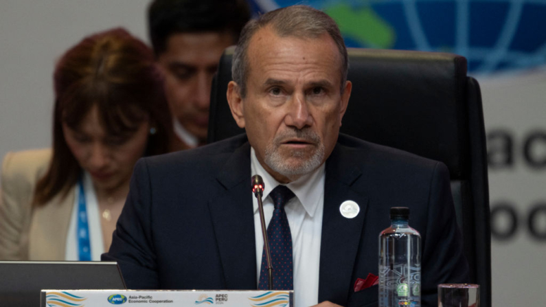 El ministro de Relaciones Exteriores de Perú, Elmer Schialer, habla durante la sesión inaugural de la Reunión Ministerial de la Cumbre de APEC (AMM) en el Centro de Convenciones de Lima, el 14 de noviembre de 2024. (Cris Bouroncle/AFP vía Getty Images)