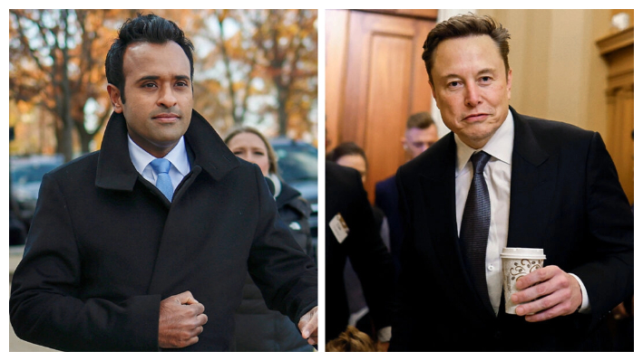 El empresario Vivek Ramaswamy (izda.) y Elon Musk (dcha.), copresidentes del recién anunciado Departamento de Eficiencia Gubernamental, llegan al Capitolio el 5 de diciembre de 2024. (Anna Moneymaker/Getty Images)