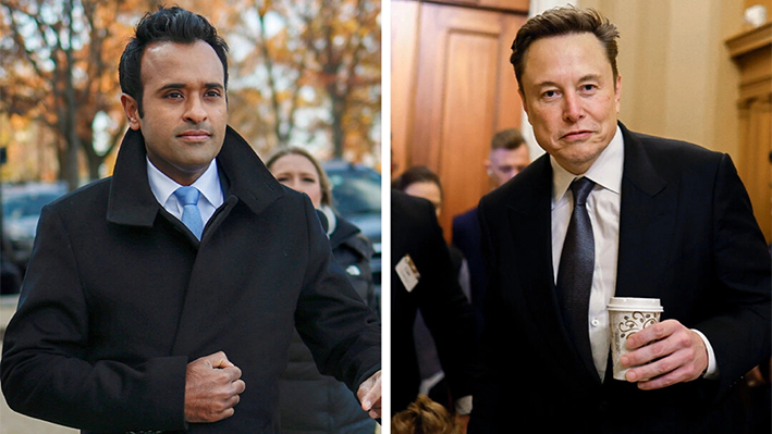 El empresario Vivek Ramaswamy (izda.) y Elon Musk (dcha.), copresidentes del recién anunciado Departamento de Eficiencia Gubernamental, llegan al Capitolio el 5 de diciembre de 2024. (Anna Moneymaker/Getty Images)