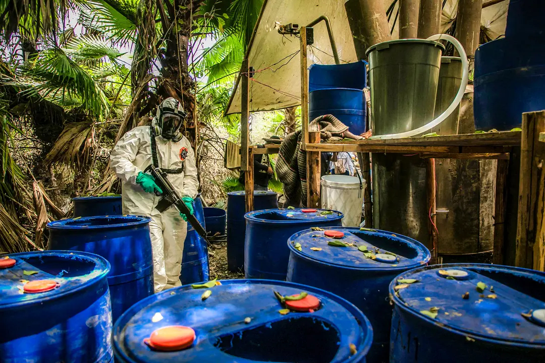 Un policía del estado de Sinaloa ayuda a desmantelar uno de los tres laboratorios clandestinos que producen drogas sintéticas ilícitas, principalmente metanfetamina, en El Dorado, México, el 4 de junio de 2019. (Rashide Frias/AFP vía Getty Images)