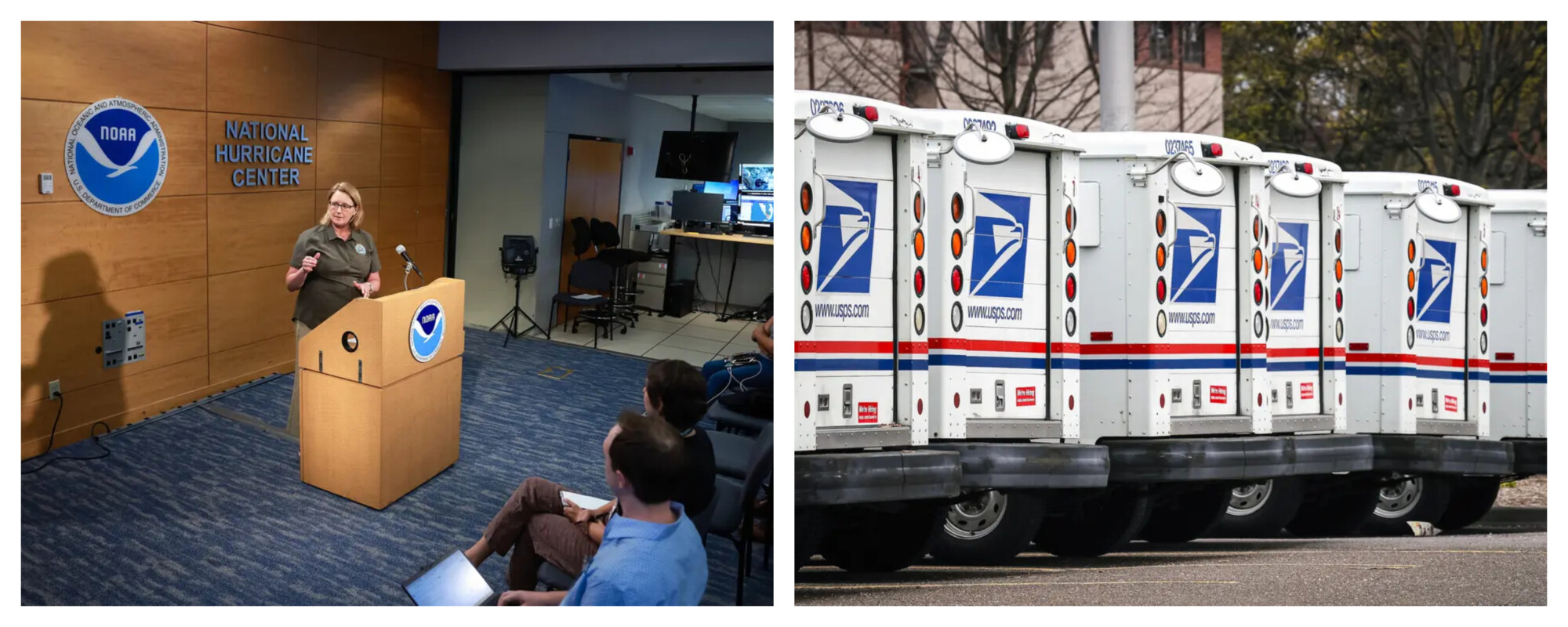 (Izquierda) Deanne Criswell, administradora de la FEMA, se dirige a los medios de comunicación desde el Centro Nacional de Huracanes de Miami el 31 de mayo de 2023. (Derecha) Camiones del Servicio Postal de Estados Unidos en Farmingdale, Nueva York, el 12 de abril de 2020. (Joe Raedle/Getty Images, Madalina Vasiliu/The Epoch Times)