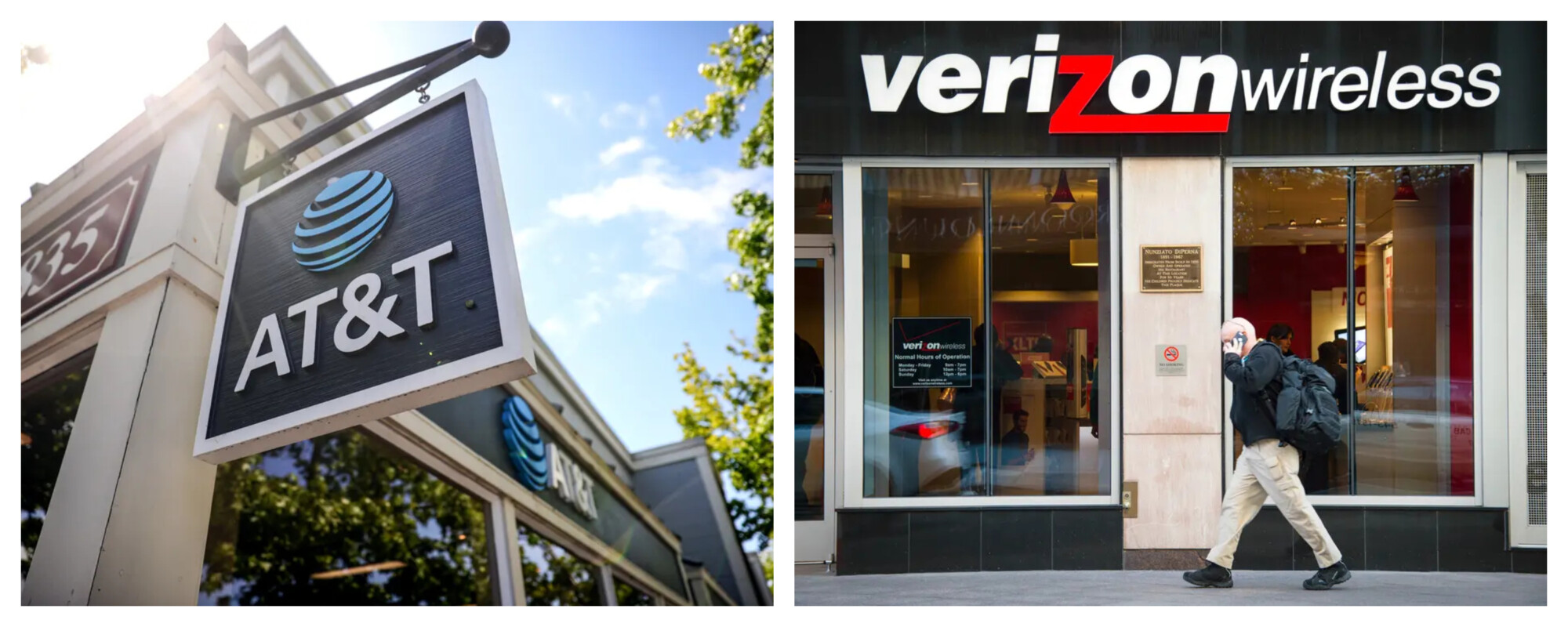 (Izquierda) Un cartel frente a una tienda de AT&T en San Rafael, California, el 17 de mayo de 2021. (Derecha) Un hombre hablando por el móvil pasa por delante de una tienda de Verizon Wireless en Washington el 30 de diciembre de 2014. (Justin Sullivan/Getty Images, Jim Watson/AFP vía Getty Images)