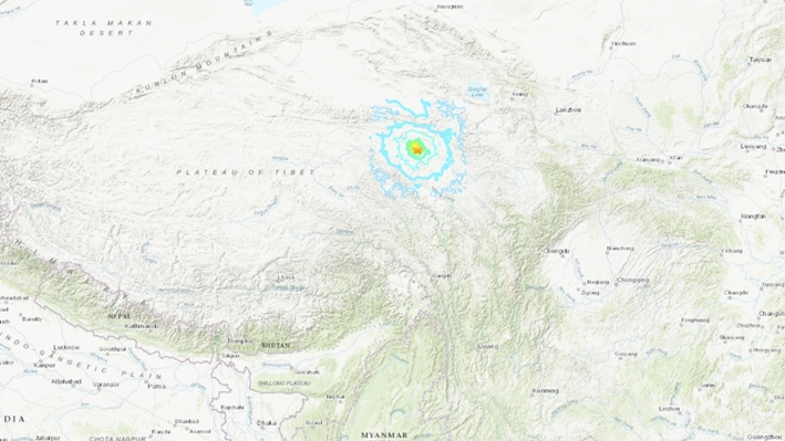 Un mapa muestra la ubicación de un terremoto de magnitud 5.5 que sacudió partes de la provincia china de Qinghai, el 8 de enero de 2025. (USGS/Captura de pantalla a través de The Epoch Times)