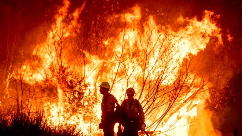 Equipos de bomberos combaten el incendio Kenneth en la zona de West Hills, en Los Ángeles, el 9 de enero de 2025. (Ethan Swope/AP Photo)





