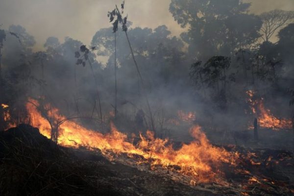 Um incêndio queima ao longo da estrada para a Floresta Nacional de Jacunda, perto da cidade de Porto Velho, na região de Vila Nova Samuel, que faz parte da Amazônia brasileira, em 26 de agosto de 2019 (Eraldo Peres / AP Photo)