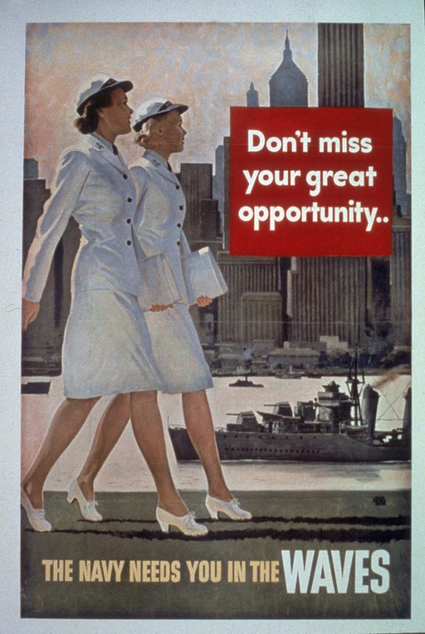 Cartaz de recrutamento da Marinha para o programa “Mulheres Aceitas para Serviço Voluntário de Emergência” dos EUA (WAVES), em meados da década de 1940 (© Getty Images | Hulton Archive)