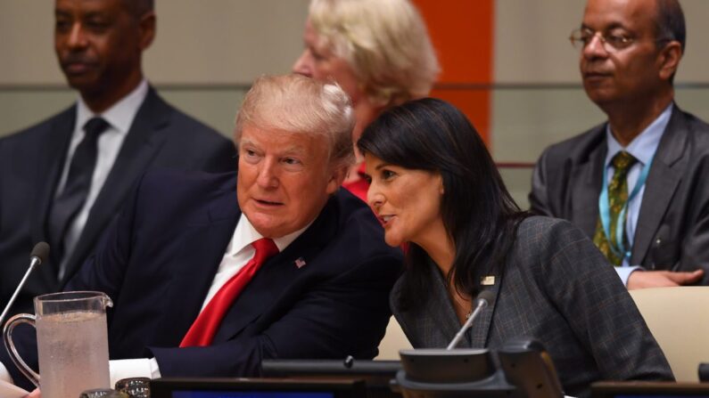 El entonces presidente Donald Trump y la entonces embajadora de Estados Unidos ante las Naciones Unidas, Nikki Haley, hablan durante una reunión sobre la reforma de las Naciones Unidas en la sede de la ONU en Nueva York el 18 de septiembre de 2017. (Timothy A. Clary/AFP/Getty Images)