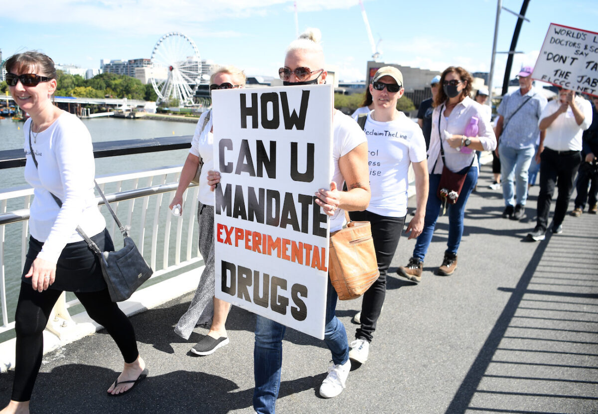 Protesters Rally Against Mandatory COVID-19 Vaccinations For Workers In Brisbane