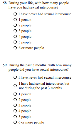 Screenshot of questions asking teen aged children how many sexual partners they