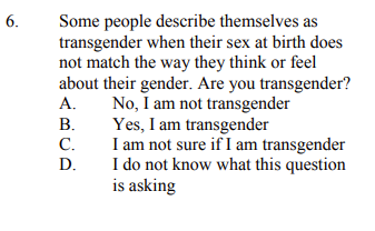 Screenshot of question from 2021 VA Middle School Youth Survey regarding whether or not they identify as transgender.