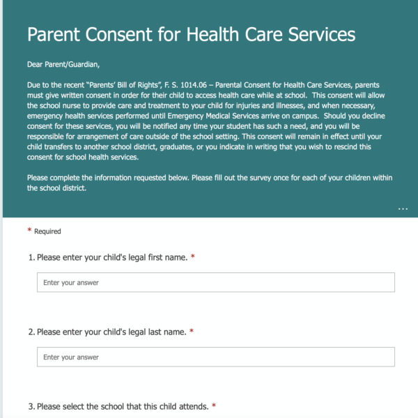 Captura de pantalla de la introducción original del formulario de consentimiento para nuevos servicios de atención médica en el sitio web del Distrito Escolar del Condado de St. Johns el 17 de diciembre de 2021.