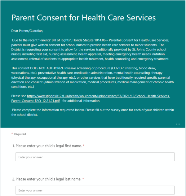 Captura de pantalla de la introducción revisada para el formulario de consentimiento para los servicios de atención médica en la escuela el 30 de diciembre.