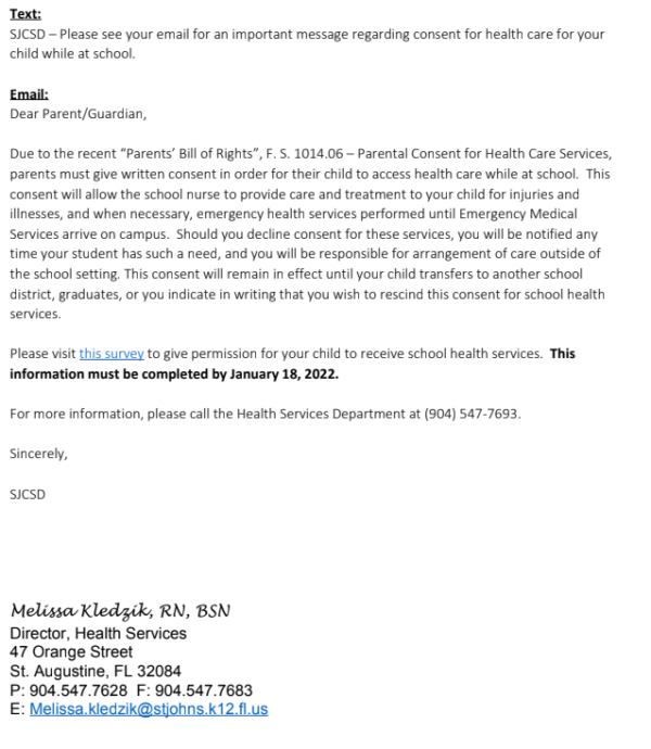 Captura de pantalla del correo electrónico del 15 de diciembre de Melissa Kledzik, Directora de Servicios de Salud del Distrito Escolar del Condado de St. Johns a Kyle Dresback, en la que se describe su nueva directiva con respecto al nuevo formulario de consentimiento para los servicios de atención médica en la escuela. 