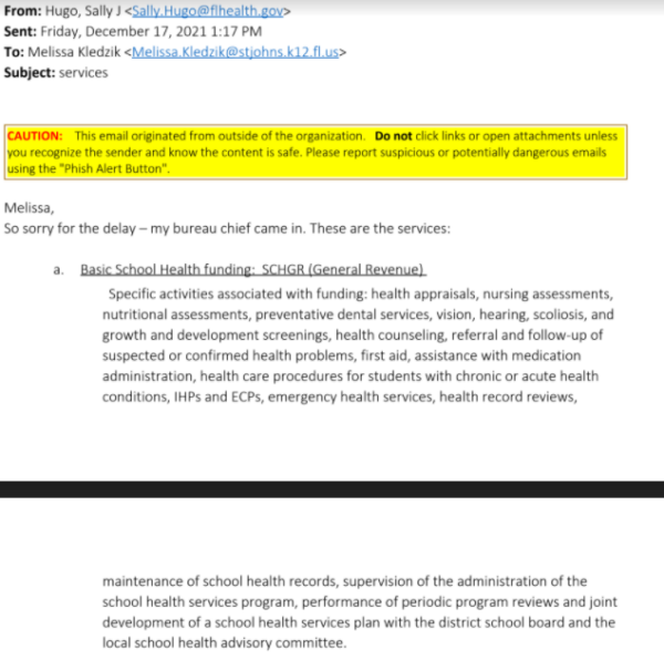 Captura de pantalla del correo electrónico del 17 de diciembre de Sally Hugo, Enlace de Salud Escolar de Florida, División de Servicios de Salud Comunitaria, Programa de Servicios de Salud Escolar. 