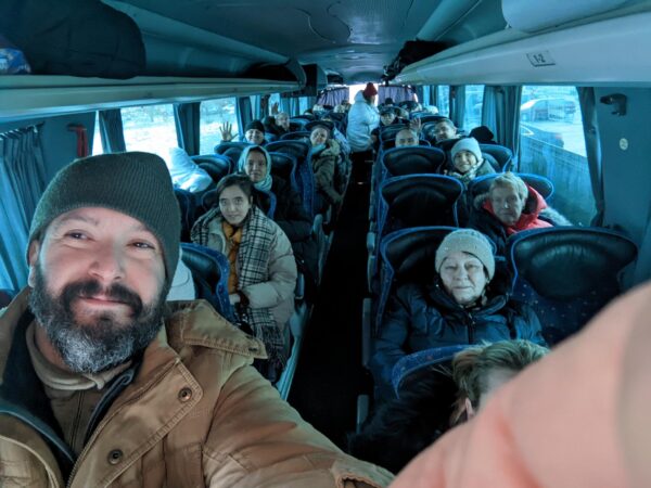 Bryan Stern, co-founder of Project Dynamo, sits on a bus with primarily American citizens preparing to start their journey to a safe house as part of the rescue operation called Project Dynamo. launched as the war began in Ukraine on Feb. 16, 2022.