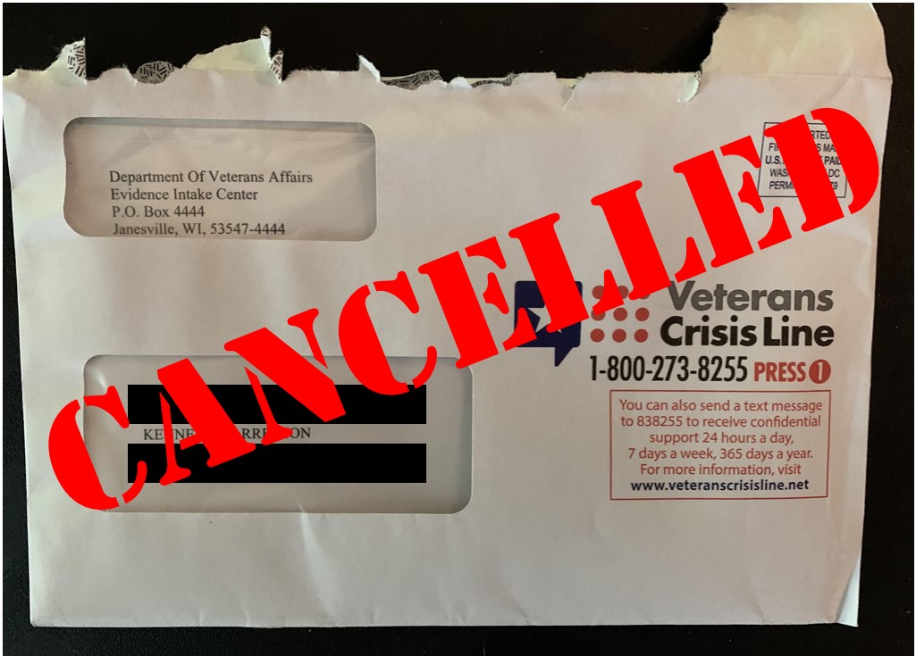 Envelope containing a four-page letter informing Kenneth and Angel Harreslson that, because of information sent to them from the Department of Justice, the Veterans Administration has decided to suspend all of Kenneth