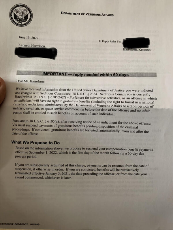 Page 1 of the unsigned letter received by Angel and Kenneth Harrelson from the "Director Regional Office" "informing them that their Veterans Benefits are being suspended due to 38 U.S. Code § 6105 - Forfeiture for subversive activities, which requires that an individual be "convicted" of a listed crime, not "indicted."