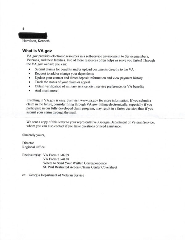 Page 4, the signature page, of the unsigned letter received by Angel and Kenneth Harrelson from the "Director Regional Office" "informing them that their Veterans Benefits are being suspended due to 38 U.S. Code § 6105 - Forfeiture for subversive activities, which requires that an individual be "convicted" of a listed crime, not "indicted." 