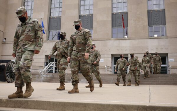 National Guard troops leave Washington after being stationed there for four months following the Jan. 6, 2021, breach of the U.S. Capitol, on May 24, 2021.