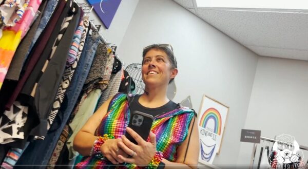 Screenshot from video recorded on September 24, 2022 by undercover, independent journalist Tayler Hansen, showing someone he identified as "Pastor Amanda," who began recording him when she discovered him recording his private tour of the Transparent Closet at the First Christian Church of Katy, Texas, where minor children are encouraged to take home transgender clothing, sometimes without the knowledge or consent of their parents.