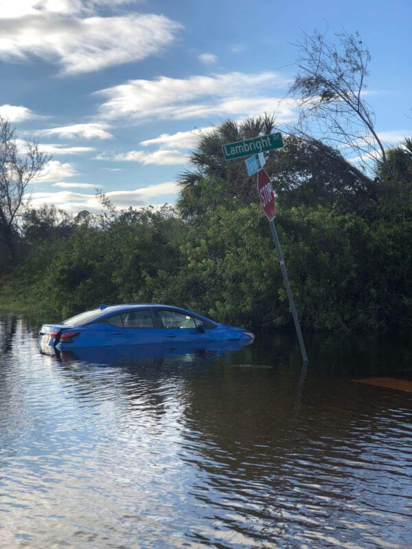 A flooded road in the aftermath of Hurricane Ian in the Gulf Cove community of Port Charlotte, Florida.