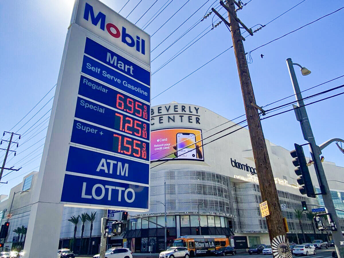 A Mobil station in Los Angeles shows gas prices are rising to record highs on March 7, 2022.