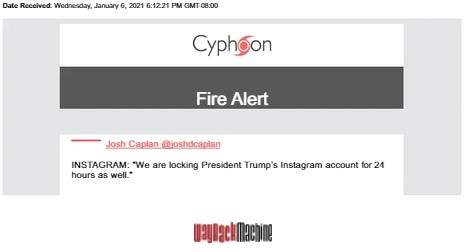 Screenshot of post from Instagram announcing that, like Twitter and Facebook, it was also shutting down the account of President Donald Trump on January 6, 2021. The image was captured as a "viral event" on Twitter by an algorithm developed by social media and Twitter expert, Jason Sullivan. 