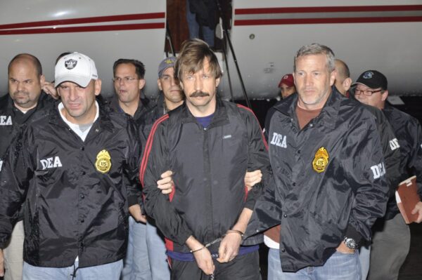 Former Soviet military officer and arms dealer Viktor Bout (C) arrives at Westchester County Airport in White Plains, New York, on Nov. 16, 2010. Bout was extradited from Thailand to the U.S. to face terrorism charges after a final effort by Russian diplomats to have him released failed. (U.S. Department of Justice via Getty Images)