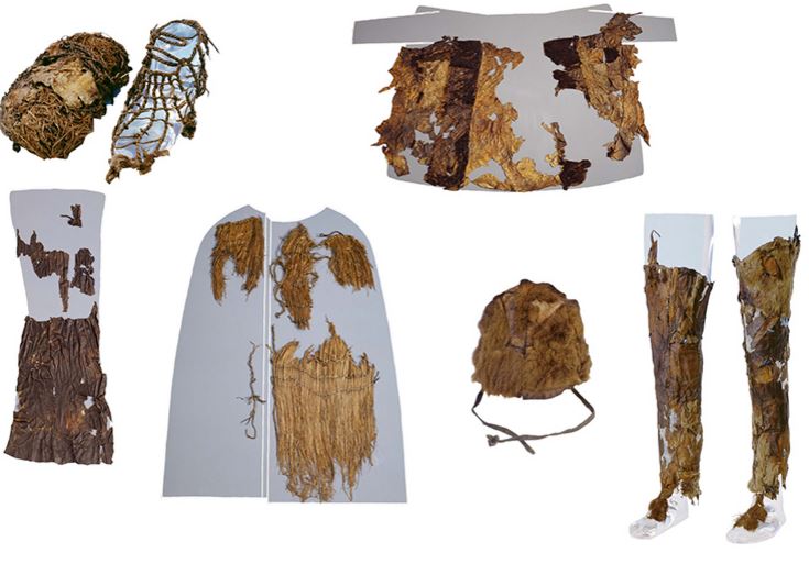 Vestimentas y artículos de Otzi, confeccionados con cuero de animales,comovaca, cabra, oveja, ozo pardo y de un pequeño ciervo. (Museo Alto Adige)