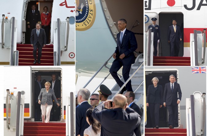 Durante la cumbre de los líderes en el G20 en Hangzhou, China, el presidente Obama fue el único líder mundial al que no le pusieron la escalera con alfombra roja y tuvo que salir por las escaleras traseras del avión. (Etienne Oliveau, Saul Loeb, Lintao Zhang / Getty Images)