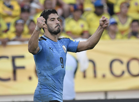 BARRANQUILLA, COLOMBIA - OCTOBER 11: Luis Suarez of Uruguay celebrates after scoring the second goal of his team during a match between Colombia and Uruguay as part of FIFA 2018 World Cup Qualifiers at Roberto Melendez Stadium on October 11, 2016 in Barranquilla, Colombia. (Photo by Gabriel Aponte/LatinContent/Getty Images)