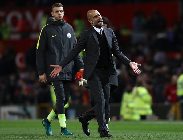 MANCHESTER, ENGLAND - OCTOBER 26: Josep Guardiola, Manager of Manchester City reacts during the EFL Cup fourth round match between Manchester United and Manchester City at Old Trafford on October 26, 2016 in Manchester, England. (Photo by David Rogers/Getty Images)
