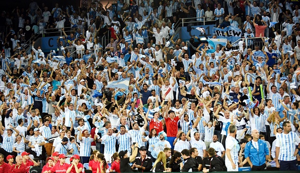 Argentina's supporters celebrate the victory of Argentina's Juan Martin del Potro against Croatia's Marin Cilic at the end of the Davis Cup World Group final singles match between Croatia and Argentina on November 27, 2016 at the Arena hall in Zagreb. / AFP / - (Photo credit should read -/AFP/Getty Images)