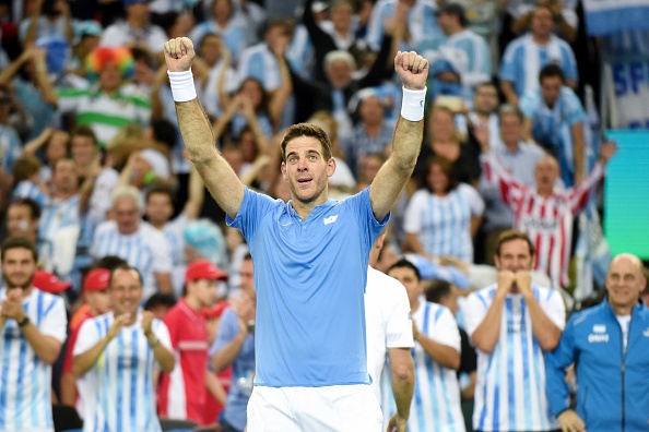 Argentina's Juan Martin del Potro celebrates after winning the Davis Cup World Group final singles match between Croatia and Argentina on November 27, 2016 at the Arena hall in Zagreb. / AFP / - (Photo credit should read -/AFP/Getty Images)