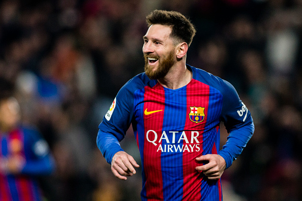The FC Barcelona player Lionel Messi from Argentina celebrating his goal during the Barcelona derby match of La Liga between FC Barcelona vs RCD Espanyol at the Camp Nou stadium on December 18, 2016 in Barcelona, Spain. (Photo by Xavier Bonilla/NurPhoto via Getty Images)