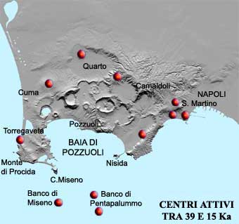 Caldera volcánica Campi Flegrei y la ciudad de Nápoles. (INGV) Puntos rojo indican la actividad de la erupción hace 39.000 años.