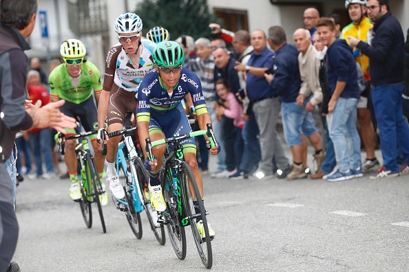 Colombian Esteba Chaves climbs during the 110th edition of the giro di Lombardia (Tour of Lombardy), a 241 km cycling race from Como to Bergamo on October 1, 2016. Esteban Chaves, of the Orica team, beat Italian Diego Rosa in a dramatic sprint finish on Saturday to become the first Colombian winner of the Tour of Lombardy. Rosa, of Astana, finished second with another Colombian, Rigoberto Uran, in third place. / AFP / LUK BENIES (Photo credit should read LUK BENIES/AFP/Getty Images)