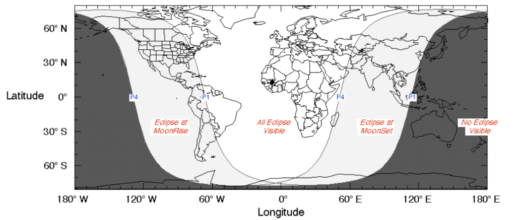 El eclipse será visible desde Europa, gran parte de Asia, África, América del Norte, América del Sur, Pacífico, Atlántico, Océano Índico, Ártico, Antártida. Crédito: PIRULITON - Own work, CC BY-SA 3.0, Wikimedia Commons