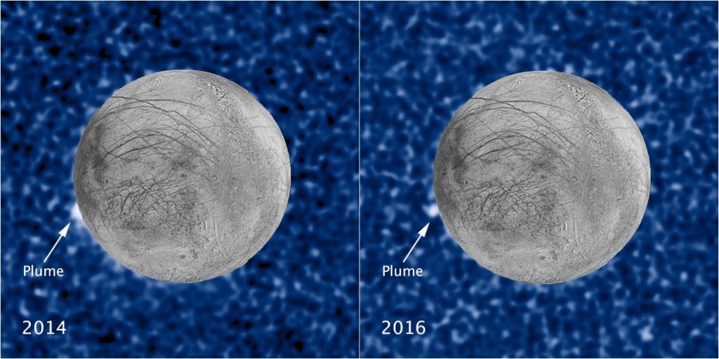 Se encontró evidencia de una posible columna de gas Europa, en la misma región, en 2014 y 2016. Ésta fue detectada por Hubble y podría ser similar a la de Encelado. Crédito: NASA / ESA / STScI / USGS