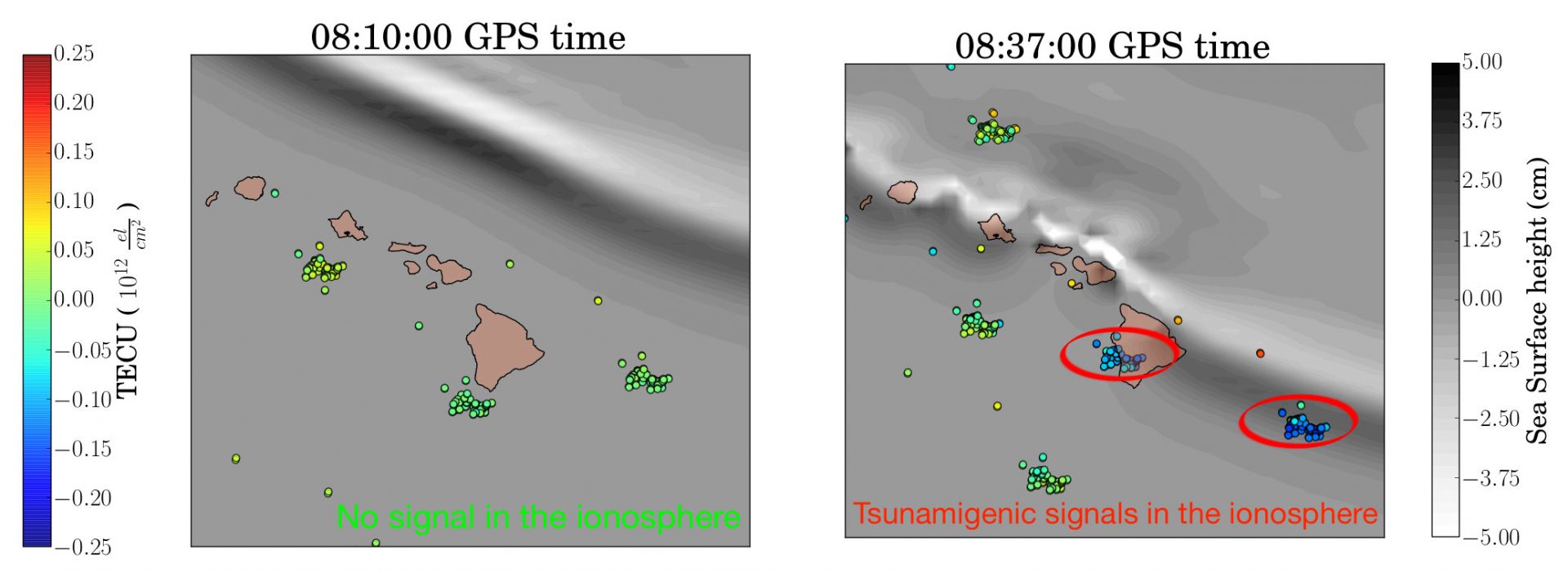 Detección en tiempo real de las perturbaciones de la ionosfera causadas por el tsunami del 27 de octubre de 2012 en la isla de Queen Charlotte, frente a la costa de Columbia Británica, Canadá, utilizando el algoritmo VARION. (Crédito: Sapienza University/NASA-JPL/Caltech)