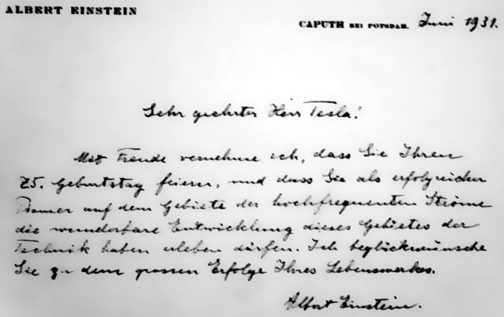 La carta de Einstein a Tesla con motivo de su cumpleaños 75 se publicó en la revista Time. (Wikimedia Commons)