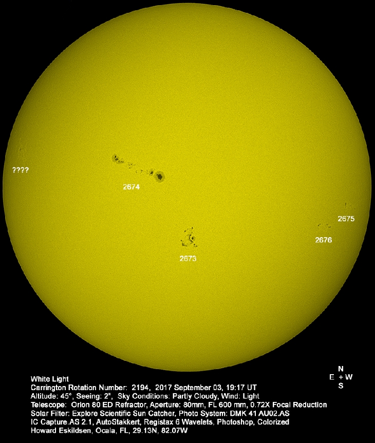 Manchas solares del sol el 3 de agosto. Dos grupos son potenciales generadores de fuertes tormentas solares. (Howard Eskildsen desde Ocala, Florida, USA. Space Weather Gallery)